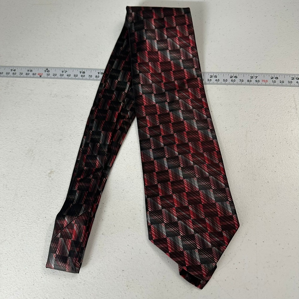 Joseph & Feiss International Mens Silk Tie Red Black Grey Geometric Statement